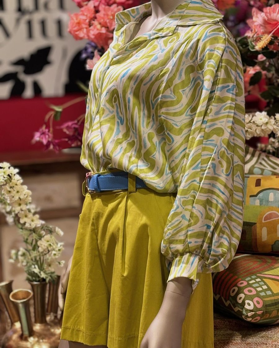 A new collection look, blouse and satin skirt at Mayiu