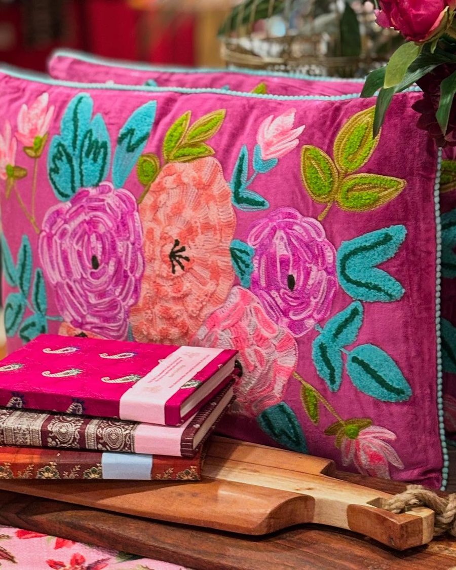 Embroidered pillows, journals and art at Mayiu